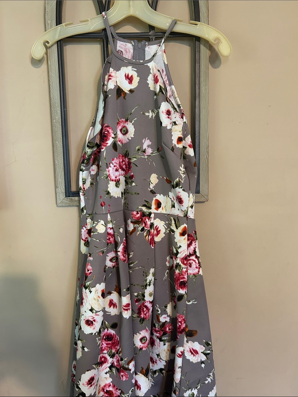 Charlotte Russe Gray Floral Halter Maxi Dress with Pink Accents